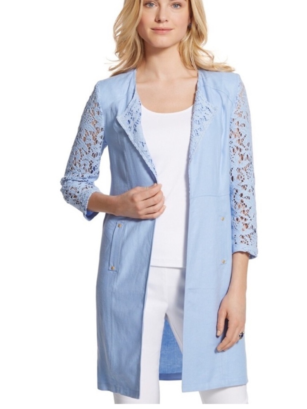CHICOS Light Blue Lace Sleeve Longline Jacket. Beautiful quality! L:XL